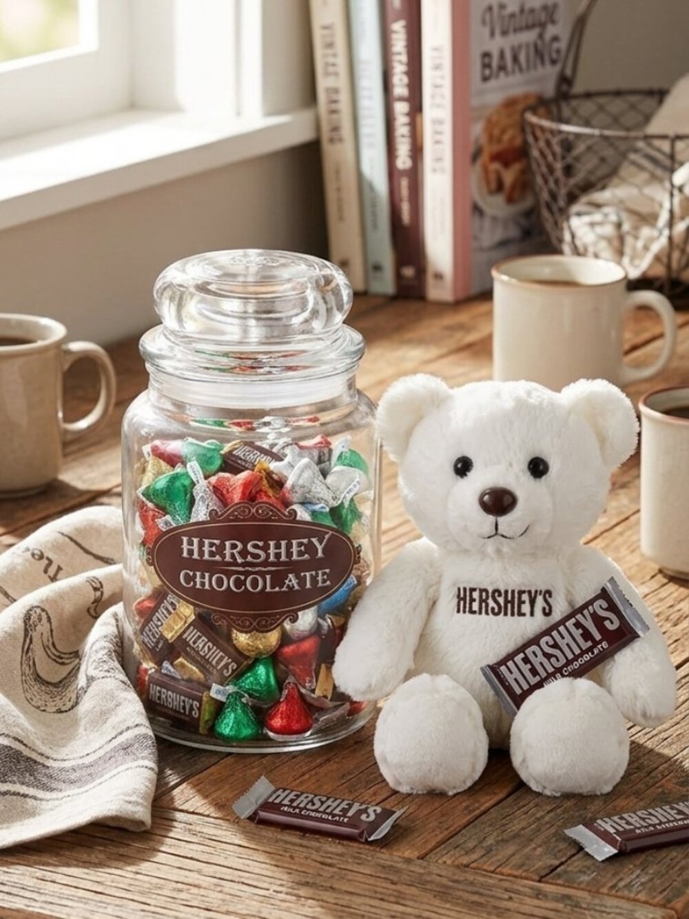 Vintage Hershey’s Chocolate Glass Apothecary Jar & White Plush Bear Set